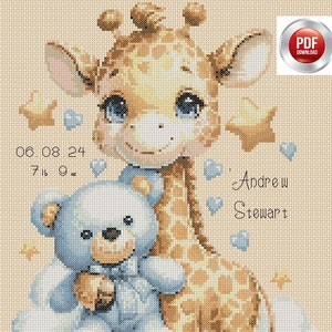 Registro de nascimento de Teddy e girafa - novo bebê - download digital PDF gráfico de ponto cruz