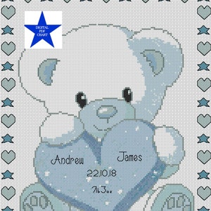 Echantillon de grille de point de croix PDF pour faire-part de naissance ours et coeur bleu