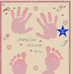 Afdrukbaar PDF-kruissteekschema Nieuwe babyhanden en -voeten roze