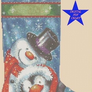 PDF Cross Stitch Chart Christmas Stocking - Penguin and Snowman