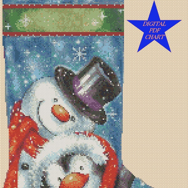 PDF Cross Stitch Chart Christmas Stocking - Penguin and Snowman