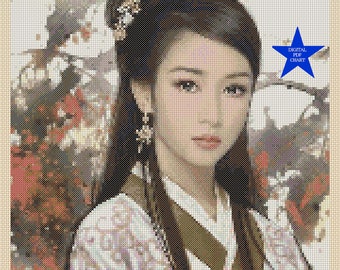 May include: A cross-stitch pattern featuring a woman in a traditional Asian dress with a floral background. The pattern is in shades of brown, white, and pink.
