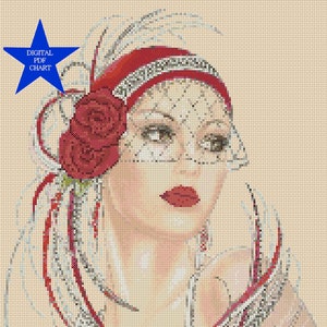 electronic printable PDF Cross Stitch Chart Art Deco Lady No. 3d red roses