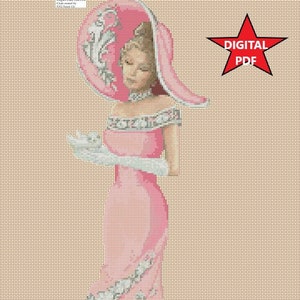 Digital Download PDF Cross Stitch Chart Elegant Lady No. 156 A pink
