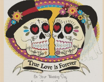 PDF Cross Stitch Chart Wedding Day Just Married Sugar skull day of the Dead