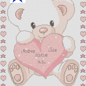 PDF Gráfico Punto de Cruz Nuevo Bebé Muestra de Nacimiento Anuncio de Nacimiento bebé oso y corazón rosa
