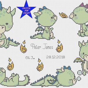 Amostra de gráfico de ponto cruz em PDF para nascimento de bebê - bebê dragões verde Anúncio de nascimento