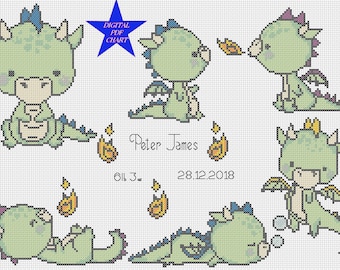 PDF Cross Stitch Chart New Baby Birth Sampler - baby dragons  green Birth Announcement