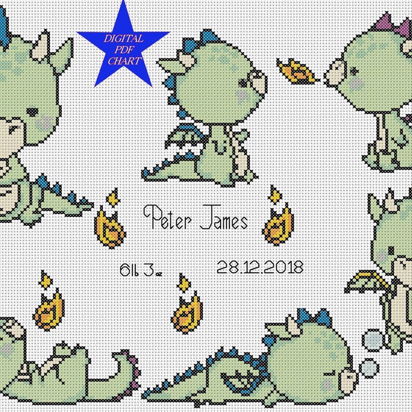 PDF Cross Stitch Chart New Baby Birth Sampler - baby dragons  green Birth Announcement