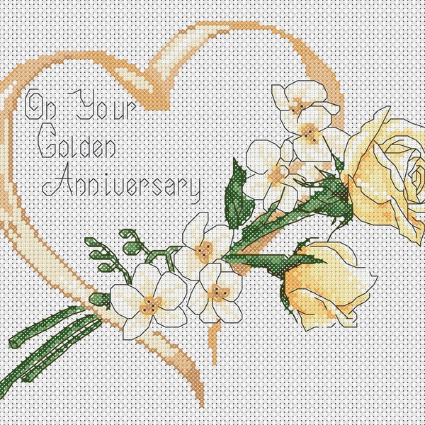 Digital Download PDF Cross Stitch Chart Golden Wedding Anniversary 50th Anniversary Roses and Orchids