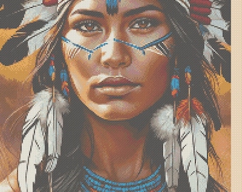 Gráfico de punto de cruz en formato PDF para descargar digitalmente de la princesa guerrera india dama india americana