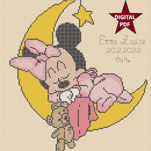 Gráfico de ponto cruz em PDF para impressão eletrônica Minnie Mouse na lua Amostra de nascimento de bebê Anúncio de nascimento