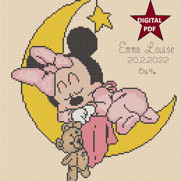 Elektronische druckbare PDF-Kreuzstichvorlage Minnie Maus auf dem Mond New Baby Birth Sampler Geburtsankündigung