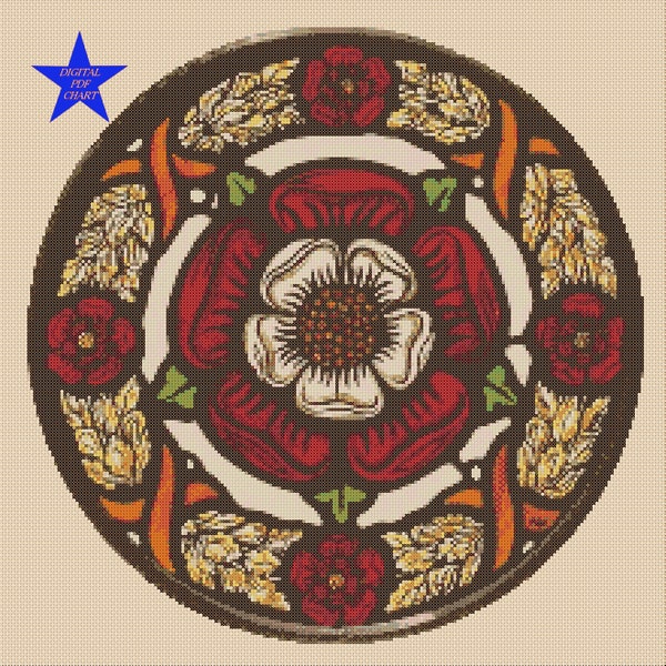 PDF Cross Stitch Chart Tudor Rose Stained Glass Style No. 452