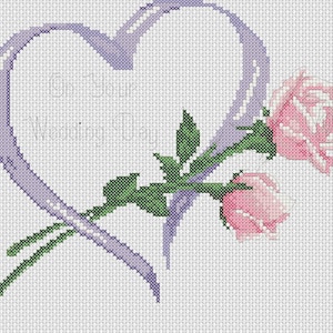 Digital Download PDF Cross Stitch Chart Wedding Day Just Married lilac heart pink Roses