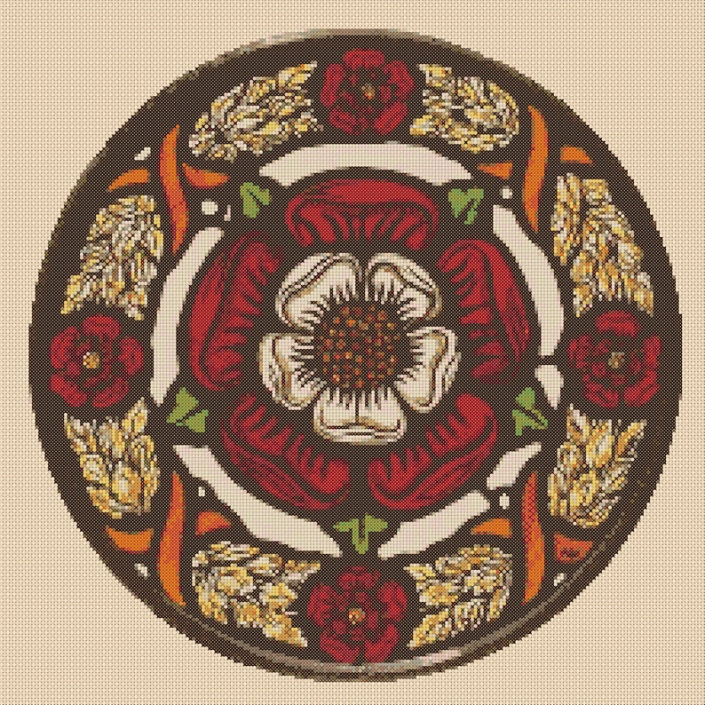 May include: A circular stained glass window design featuring a white rose with a red center surrounded by red roses and yellow wheat stalks.
