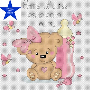 Download digital PDF Gráfico de ponto cruz Novo amostrador de nascimento de bebê Anúncio de nascimento urso e garrafa é uma menina