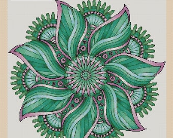 PDF Cross Stitch Chart Colourful Mandala  No 420z Green / Aqua