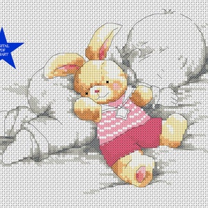 Gráfico de punto de cruz PDF imprimible Muestra de nacimiento de nuevo bebé Anuncio de nacimiento Oso y conejo 2 Rosa
