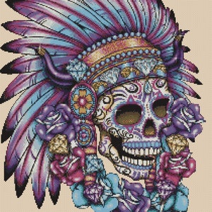 PDF Cross Stitch Chart Sugar Skull Day of the Dead Indian Chief