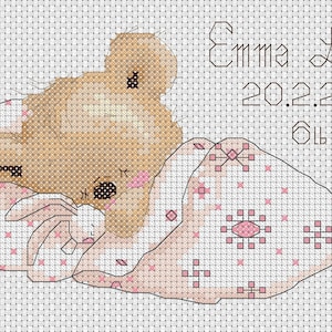Registro de nacimiento Descarga digital en formato PDF Gráfico de punto de cruz Muestra de nacimiento de un nuevo bebé - Anuncio de nacimiento de un bebé oso y un pato en color rosa