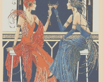 May include: Two women in flapper dresses, one in red and one in blue, are sitting at a bar and toasting each other with cocktails.