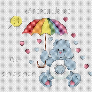 PDF Cross Stitch Chart  New Baby Birth Sampler Birth Announcement Sunshine  Bear blue