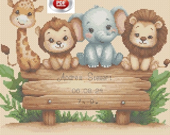 May include: A cross-stitch design featuring a giraffe, monkey, elephant, and lion on a wooden sign. The sign reads "Andrew Stewart" with a date and weight of 7 lbs 9 oz. The animals are in soft, pastel colors.