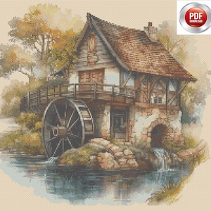 Puede incluir: Una pintura de acuarela de un molino de agua rústico con una rueda de agua de madera y un edificio de piedra. El molino está rodeado de vegetación exuberante y un arroyo que fluye.