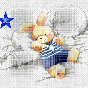 Gráfico de ponto cruz em PDF para impressão Novo amostrador de nascimento de bebê Anúncio de nascimento Urso e Coelho 2 Azul