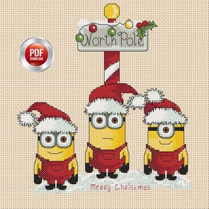 Digital download PDF Cross Stitch Chart Christmas Minions At the North Pole