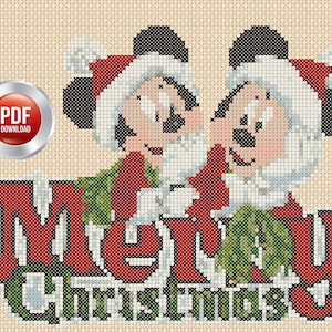 Digitale download pdf-kruissteekkaart vrolijk kerstfeest mickey en minnie