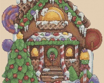 May include: A gingerbread house decorated with candy canes, lollipops, and other sweets. There are two small Christmas trees in front of the house, and a snowy ground with more candy scattered around.