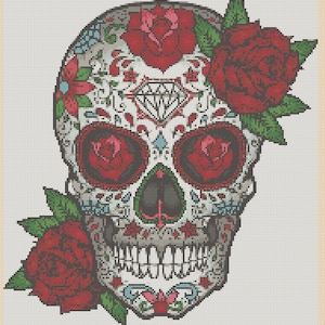 Printable Downloadable PDF Cross Stitch Chart Sugar Skull Day of the Dead Roses No. 3