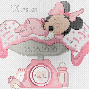 Download digital para impressão em PDF do gráfico de ponto cruz Minnie Mouse 2, amostra de nascimento de bebê, anúncio de nascimento