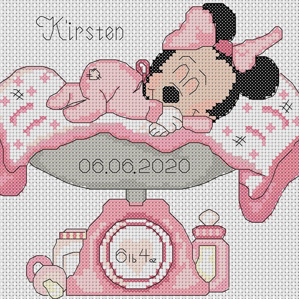 Download Printable PDF Cross Stitch Chart Minnie Mouse 2 New Baby Birth Sampler Birth Announcement