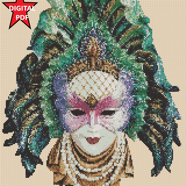 Digital Download PDF Cross Stitch Chart Art Deco Venetian Mask - 264C