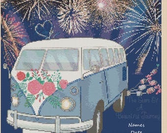 Digital Download PDF Cross Stitch Chart Wedding Day Just Married Mr and Mrs VW campervan fireworks