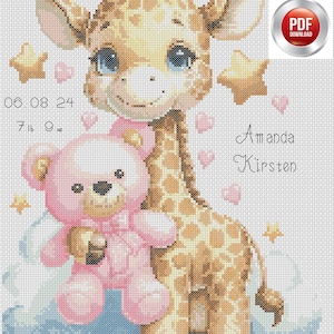 Teddy e Giraffe Birth Record - neonata - schema punto croce PDF scaricabile digitalmente