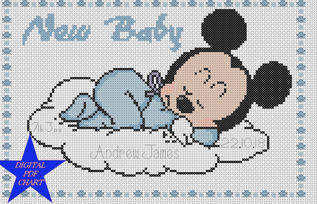 PDF Cross Stitch Chart Mickey Mouse New Baby Birth Sampler Birth