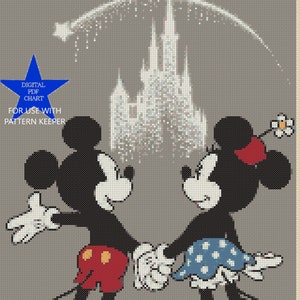May include: A cross-stitch pattern featuring Mickey and Minnie Mouse holding hands in front of Cinderella's Castle with fireworks in the sky. The pattern is for use with Pattern Keeper.