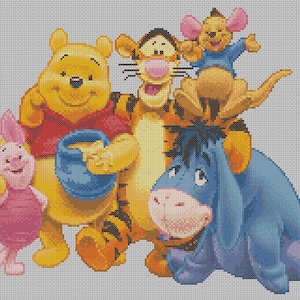 May include: A group of Winnie the Pooh characters including Winnie the Pooh, Piglet, Tigger, Eeyore, and Roo. The characters are all smiling and looking at the viewer. Winnie the Pooh is holding a pot of honey.