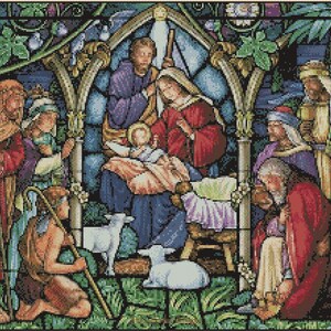 May include: A stained glass depiction of the Nativity scene. The image features Mary, Joseph, and the baby Jesus in a stable setting. There are also several other figures, including shepherds and animals.