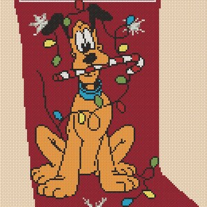 May include: A cross-stitch Christmas stocking featuring Pluto, a cartoon dog, holding a candy cane and tangled in Christmas lights. The stocking is red with snowflakes and a blank white rectangle at the top.