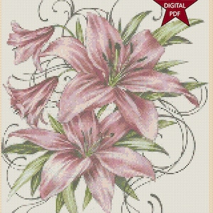 Digital electronic PDF Cross Stitch Chart pink Lillies no. 520