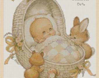 PDF Cross Stitch Chart New Baby Birth Sampler - Baby and basket