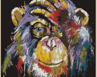 Tableau de point de croix PDF Chimpanzé Pop Art coloré 392