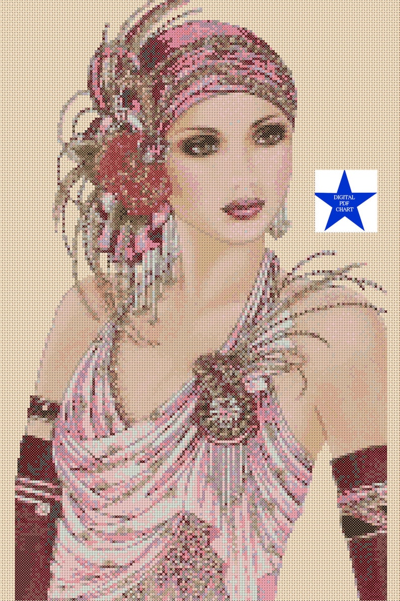Printable PDF Cross Stitch Chart Art Deco Lady No. 173 Pinks Etsy