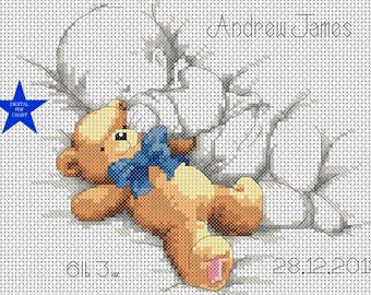 PDF Cross Stitch Chart  New Baby Birth Sampler Birth Announcement Bear and Teddy Blue