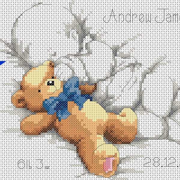 PDF Cross Stitch Chart  New Baby Birth Sampler Birth Announcement Bear and Teddy Blue